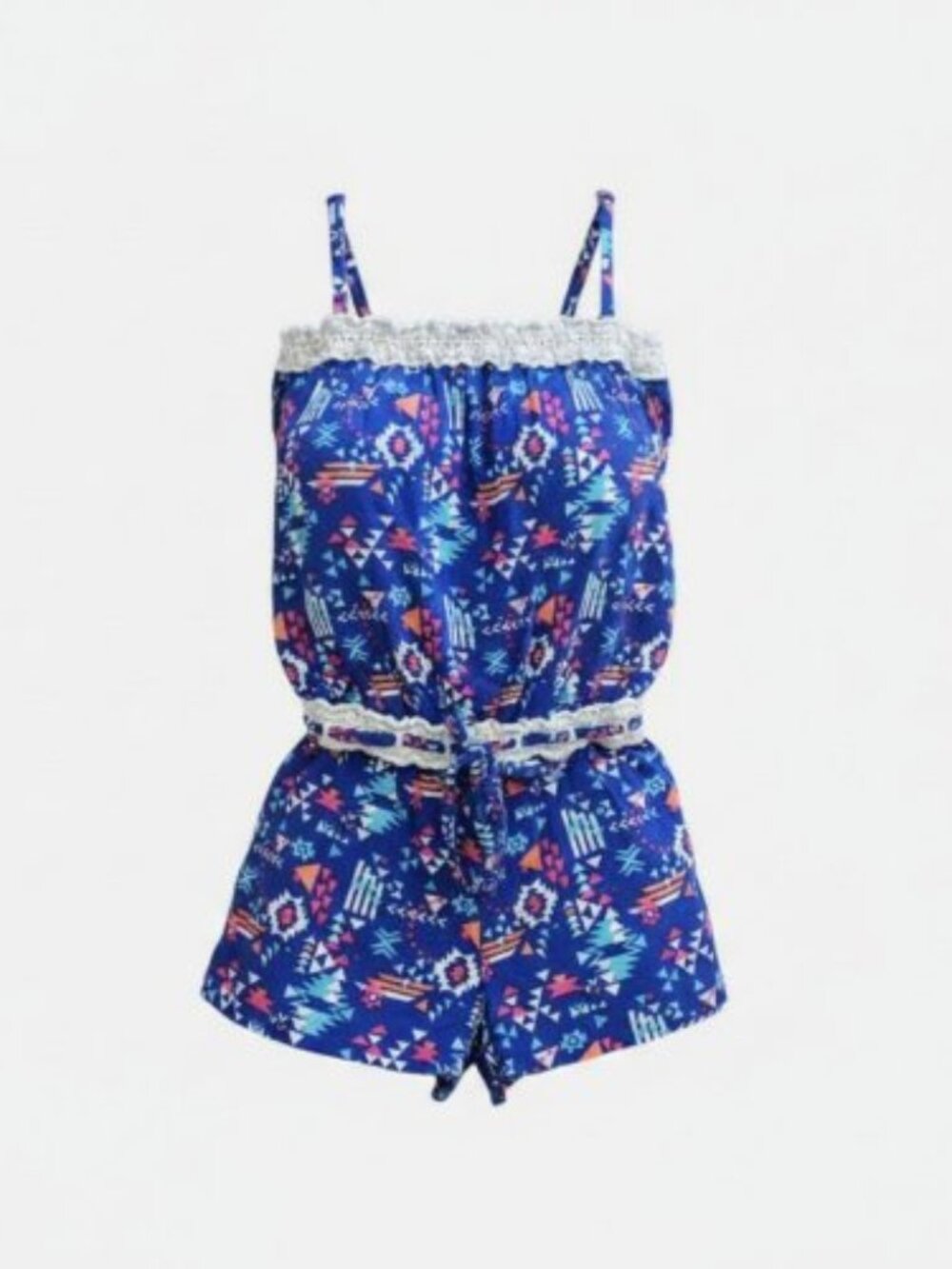 LIMITED TOO Blue Print Crochet Lace Trim Short Romper Jumpsuit Size 4